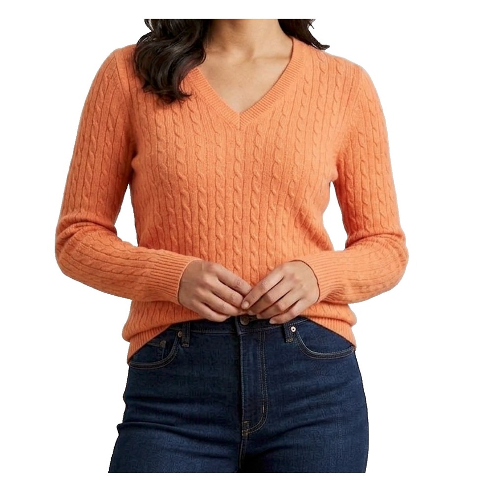 Tweeds Orange Cashmere Cable Knit V-Neck Sweater XL Fall Fest Fisherman Preppy
